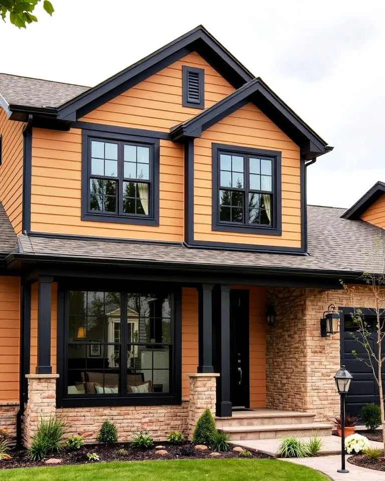 transitional tan house with black trim and stone accents