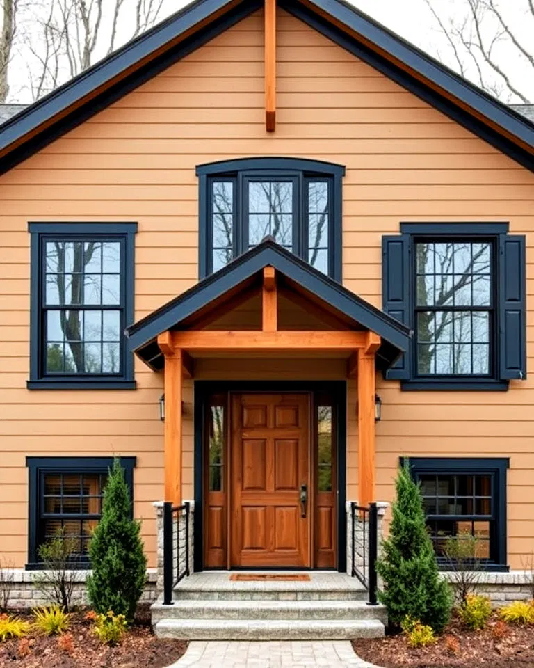 rustic tan house with black trim and wood accents