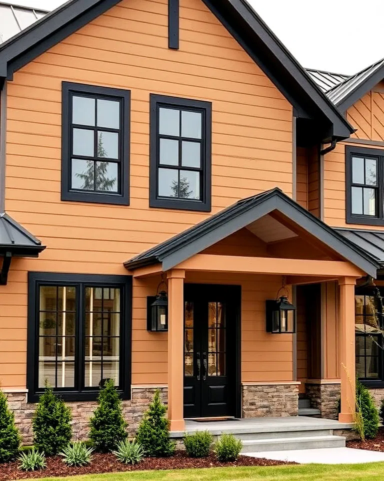 farmhouse style tan house with black trim