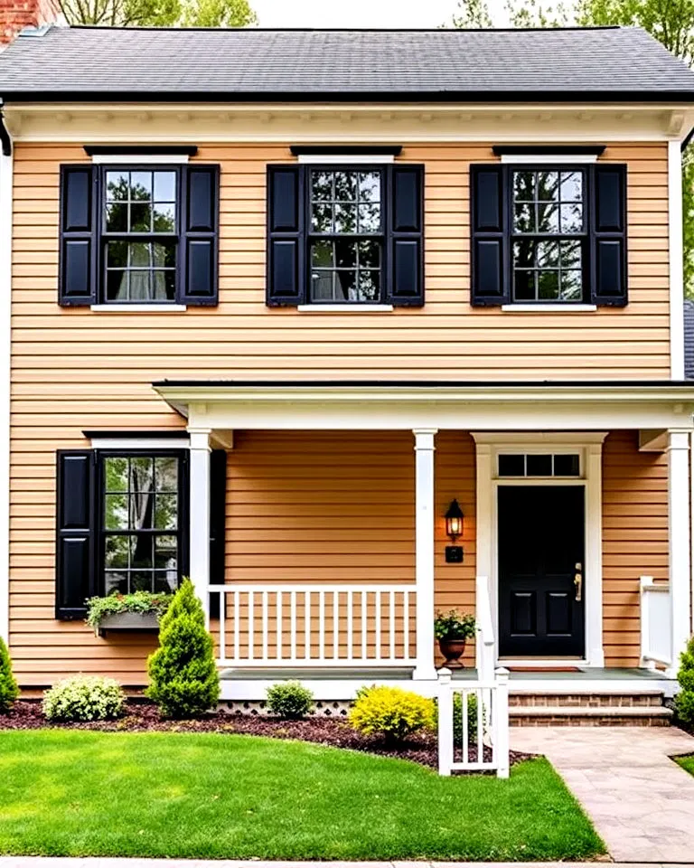 colonial style tan house with black trim