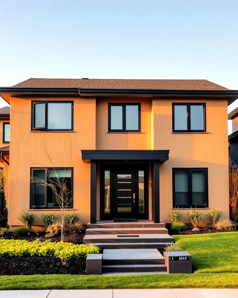 mid-century modern tan house with black trim