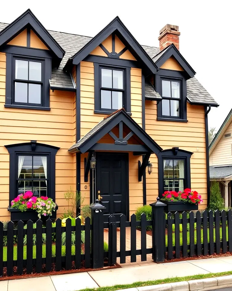 tan cottage with black trim