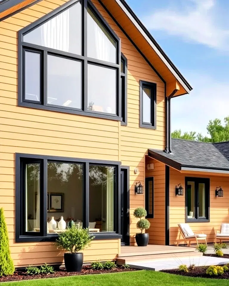 scandinavian tan house with black trim
