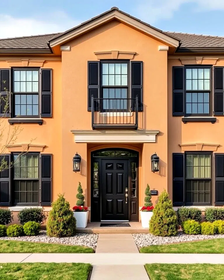 suburban tan house with black trim