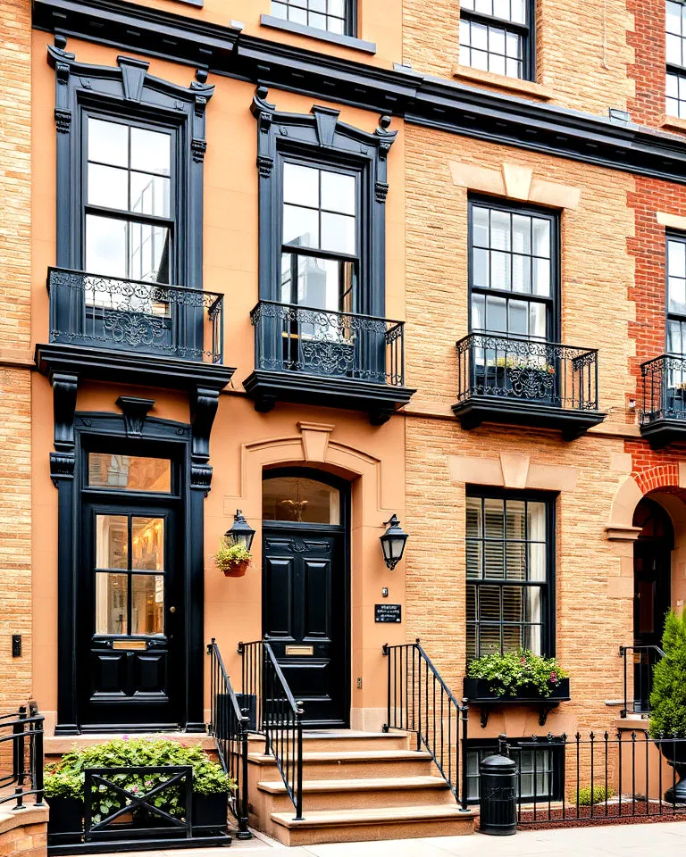 tan urban rowhouse with black trim