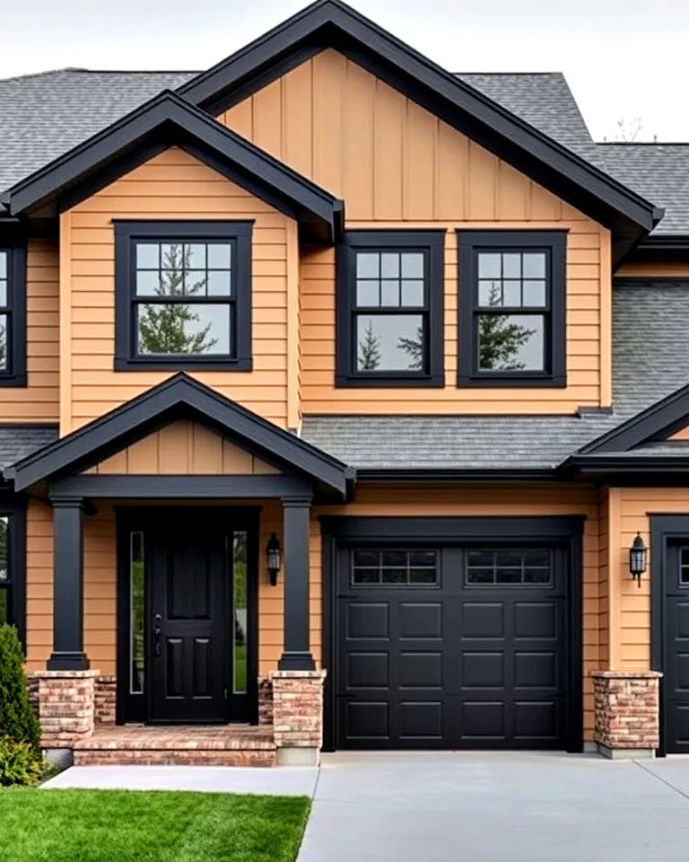 monochrome tan house with black trim
