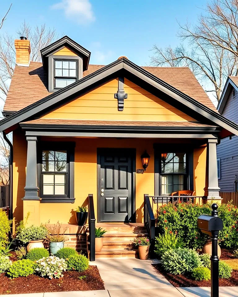 tan bungalow with black trim