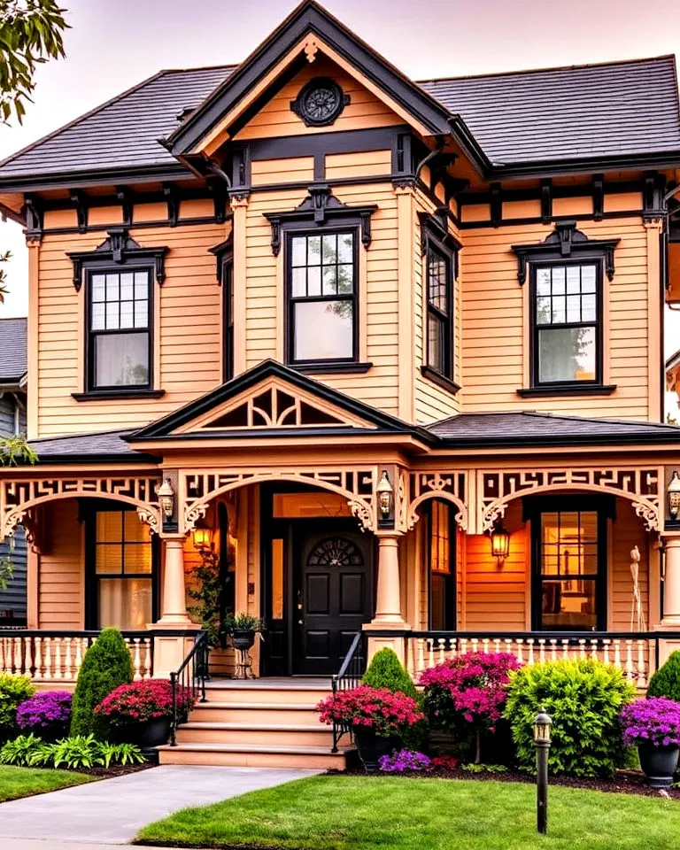 victorian tan house with black trim