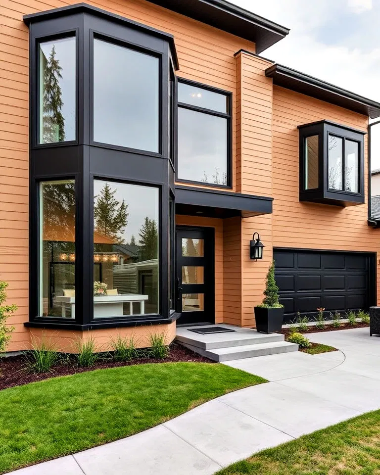 bold contemporary tan house with black trim