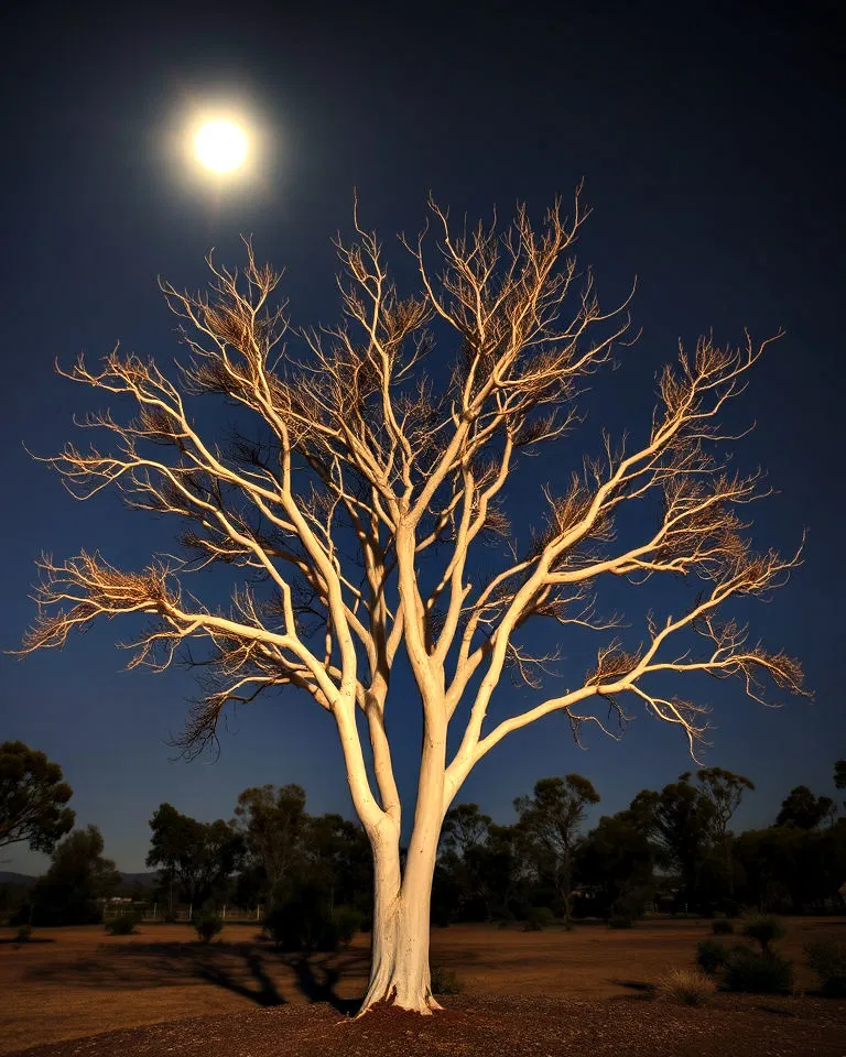 Ghost gum's smooth pale bark under moonlight