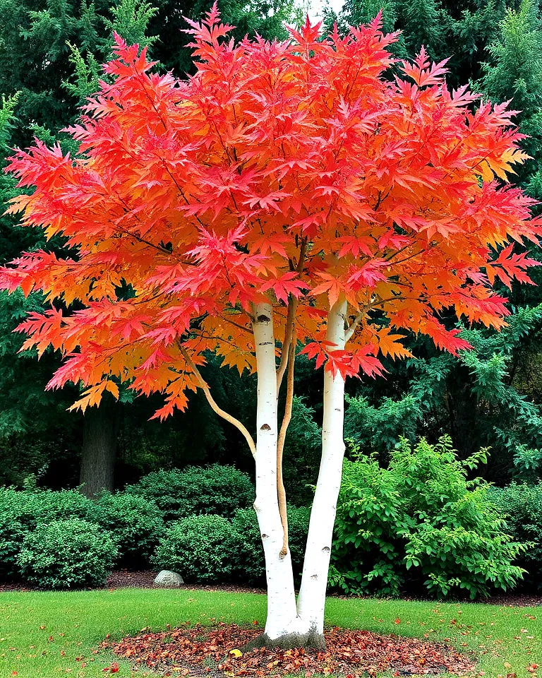 Paperbark maple with peeling white bark and cinnamon underlayers