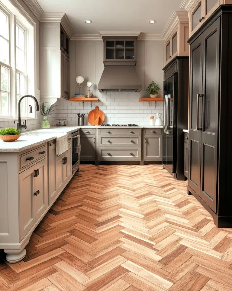 herringbone pattern flooring in kitchen