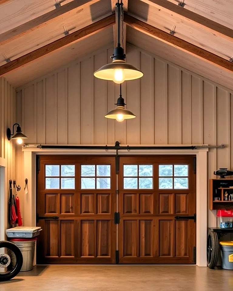 barn style lighting in rustic garage