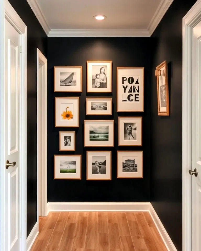 gallery wall in black hallway