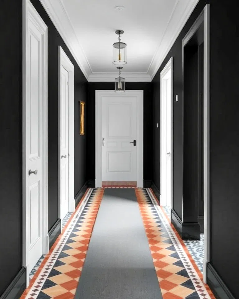 bold flooring in black hallway