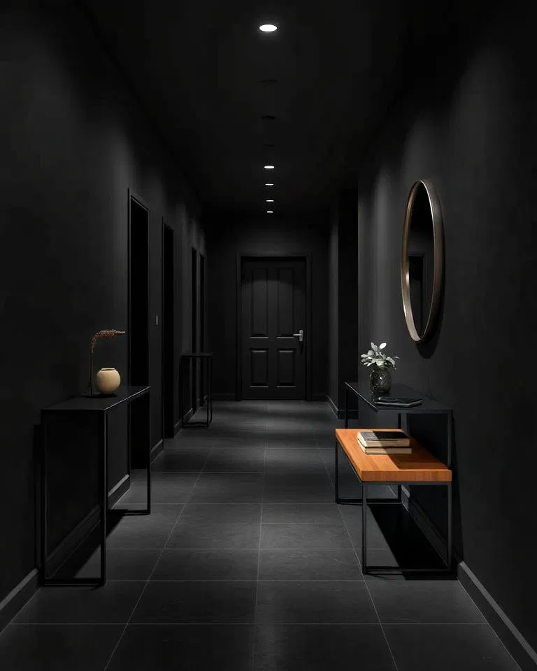 dark furniture in black hallway