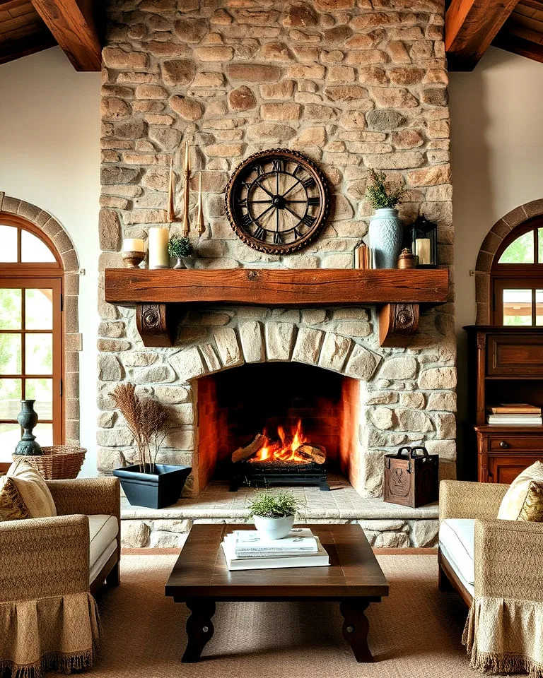stone hearth with rustic charm