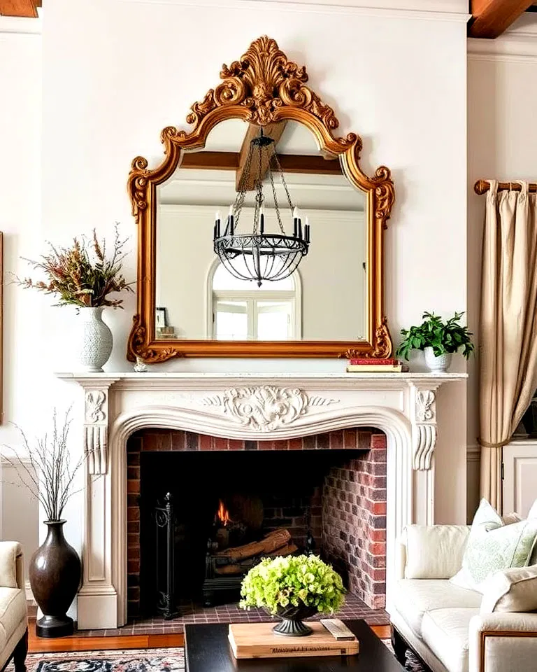 antique mirror above fireplace
