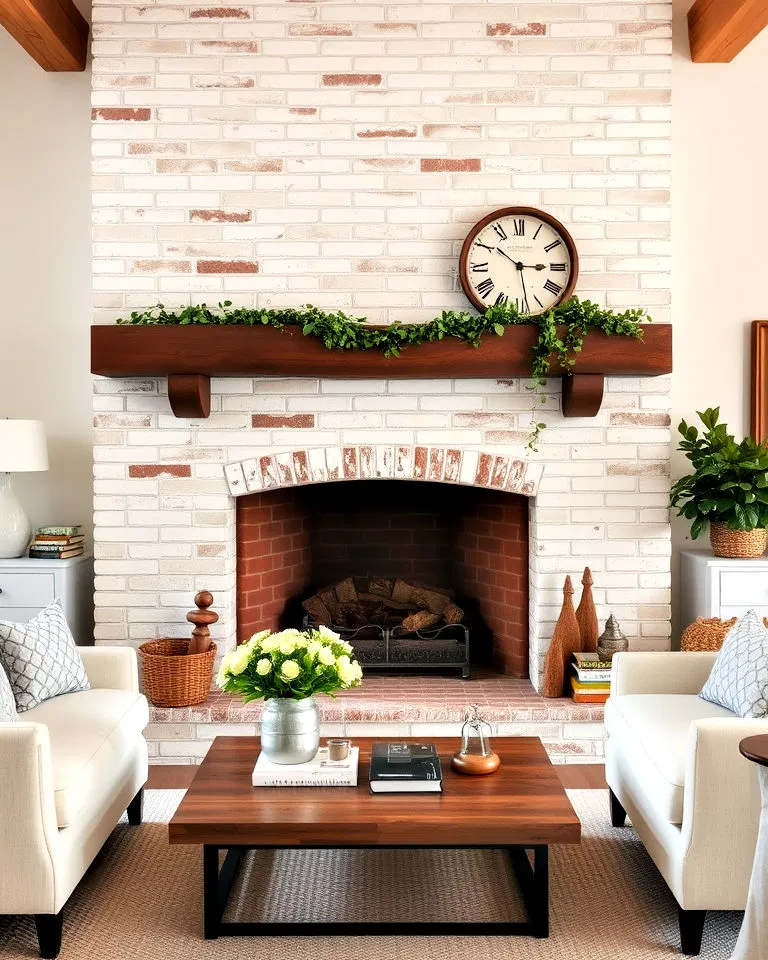 whitewashed brick fireplace