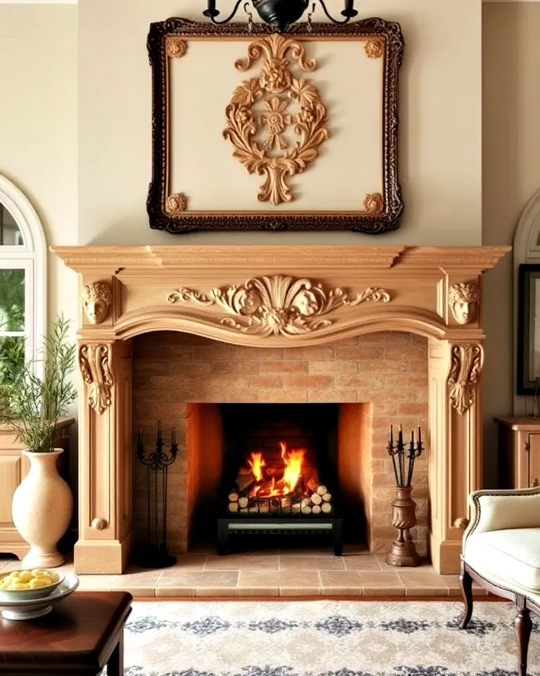 ornate carved wooden mantel