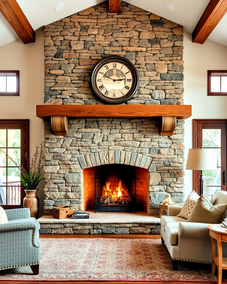 stone and wood fireplace combination