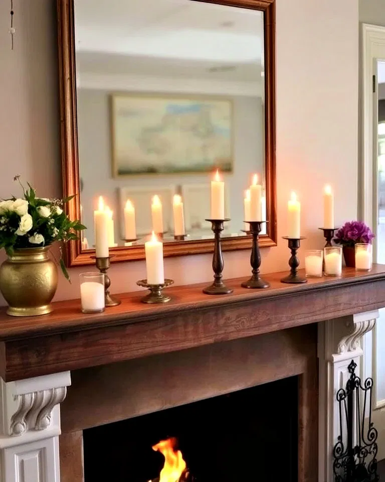 vintage candle holders on mantel
