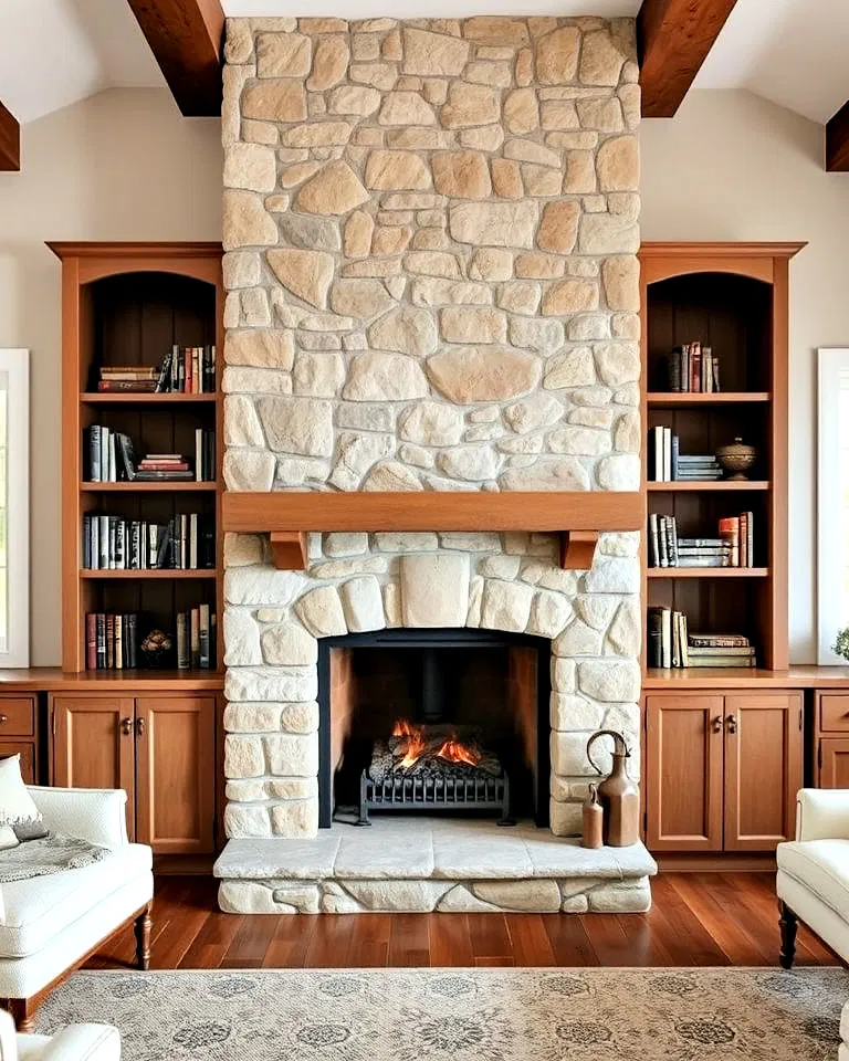 stone fireplace with built-in shelves