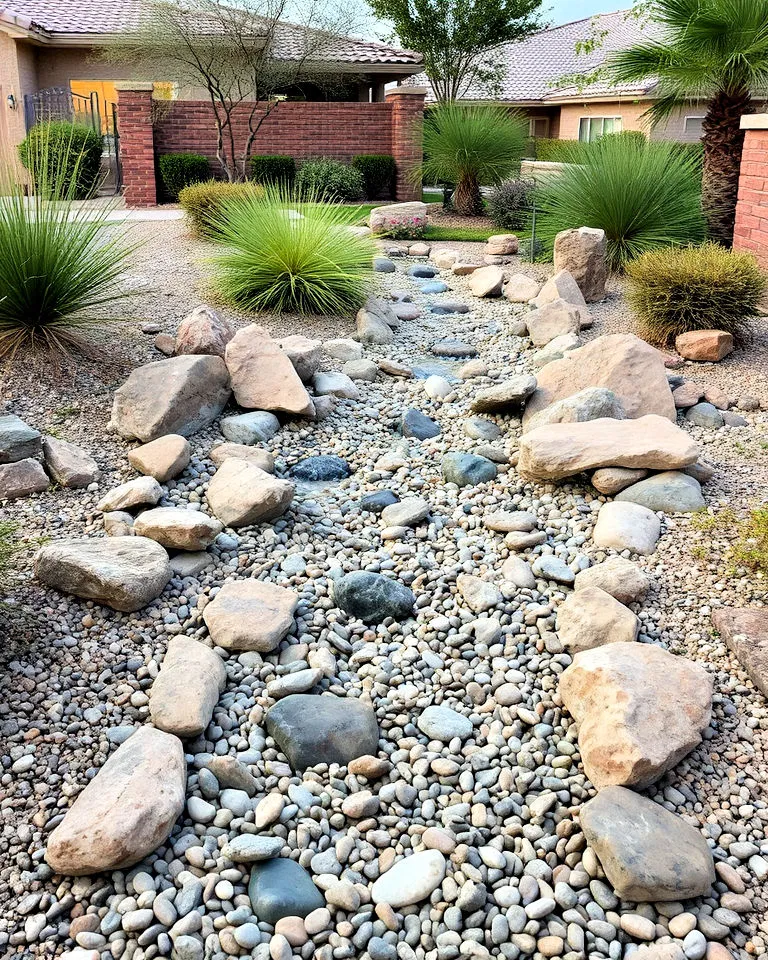Dry riverbed landscaping feature