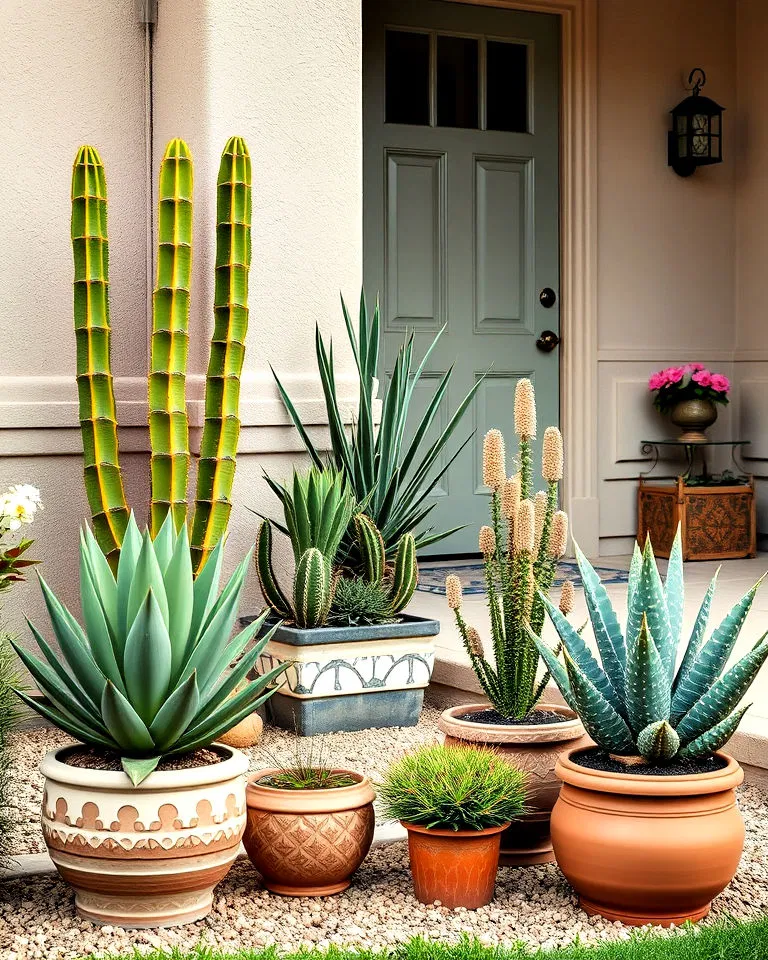 Potted desert plants near entryway