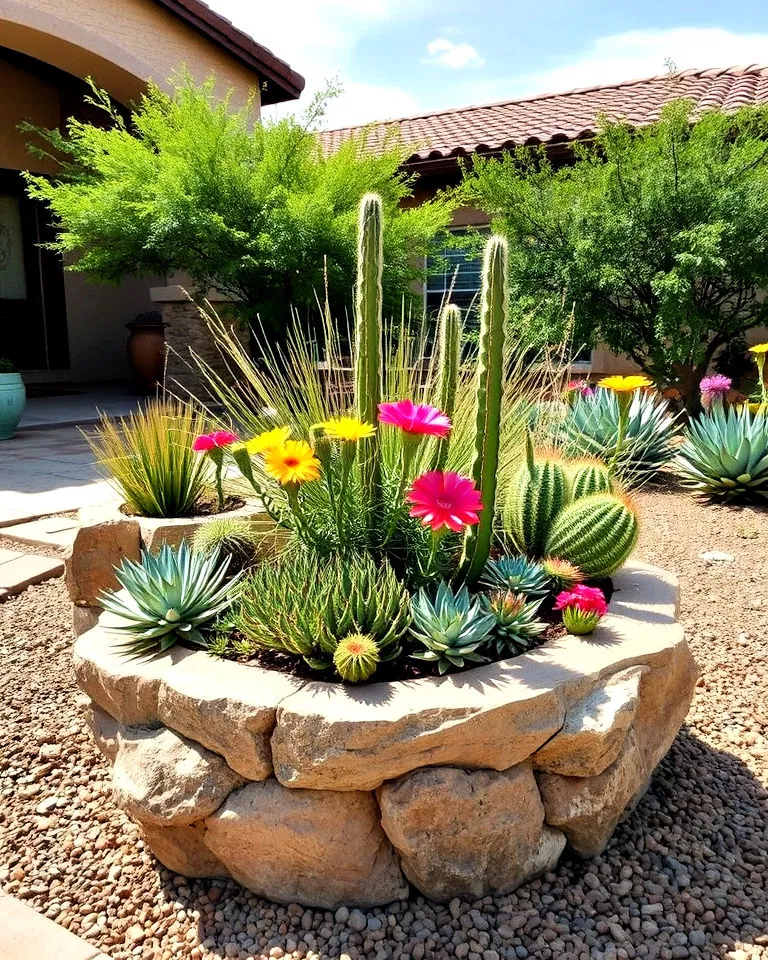 Native stone planters with desert plants