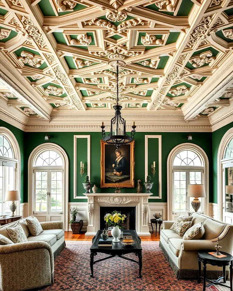 Victorian living room with intricate ceiling moldings