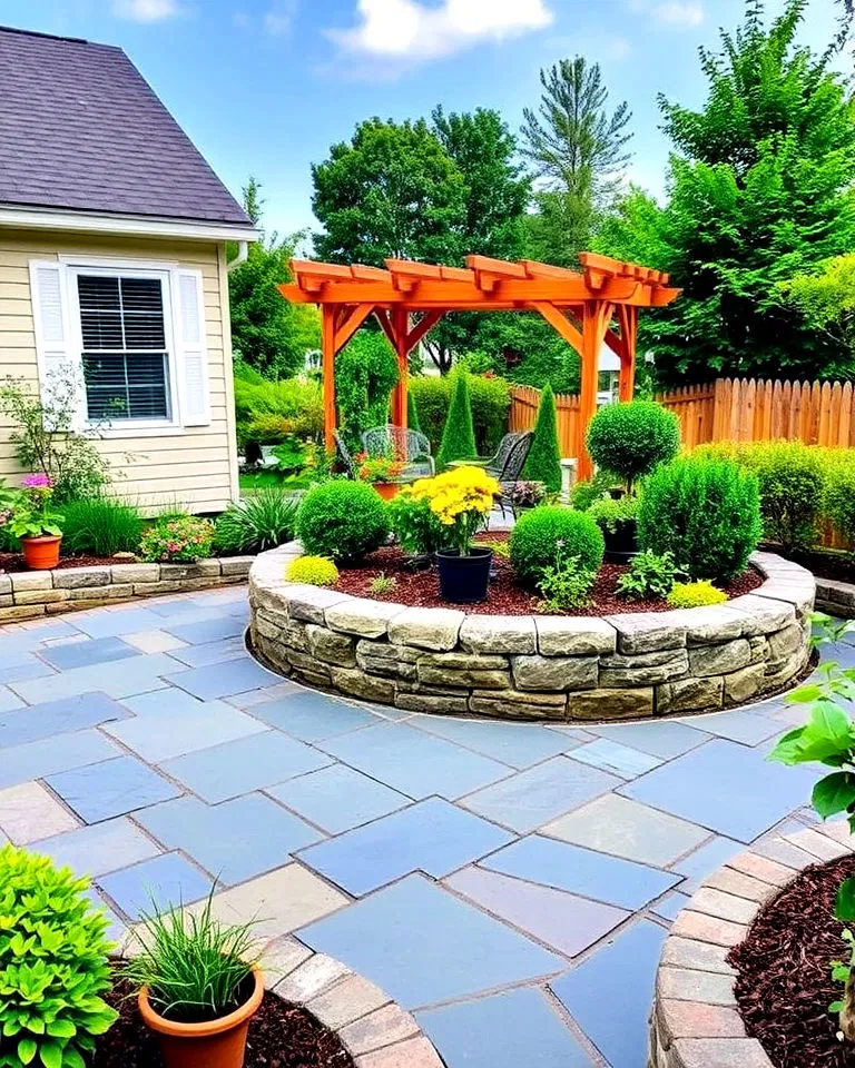 Bluestone Patio with Raised Garden Beds