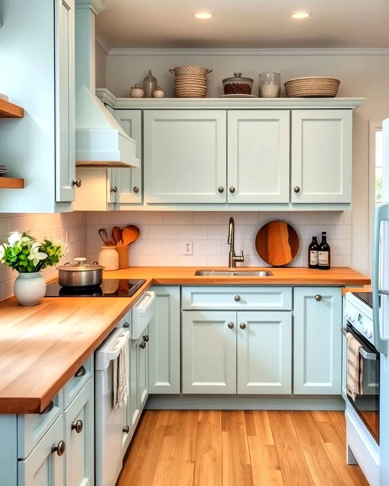 Soft powder blue cabinets with natural wood countertops