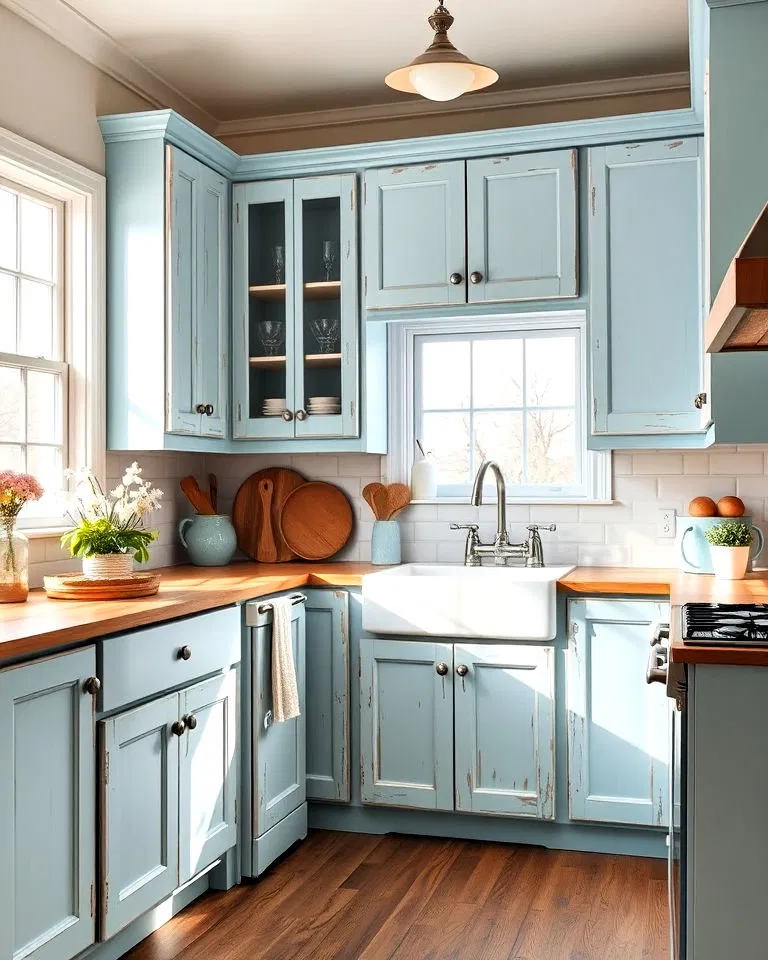 Airy sky blue cabinets with distressed details