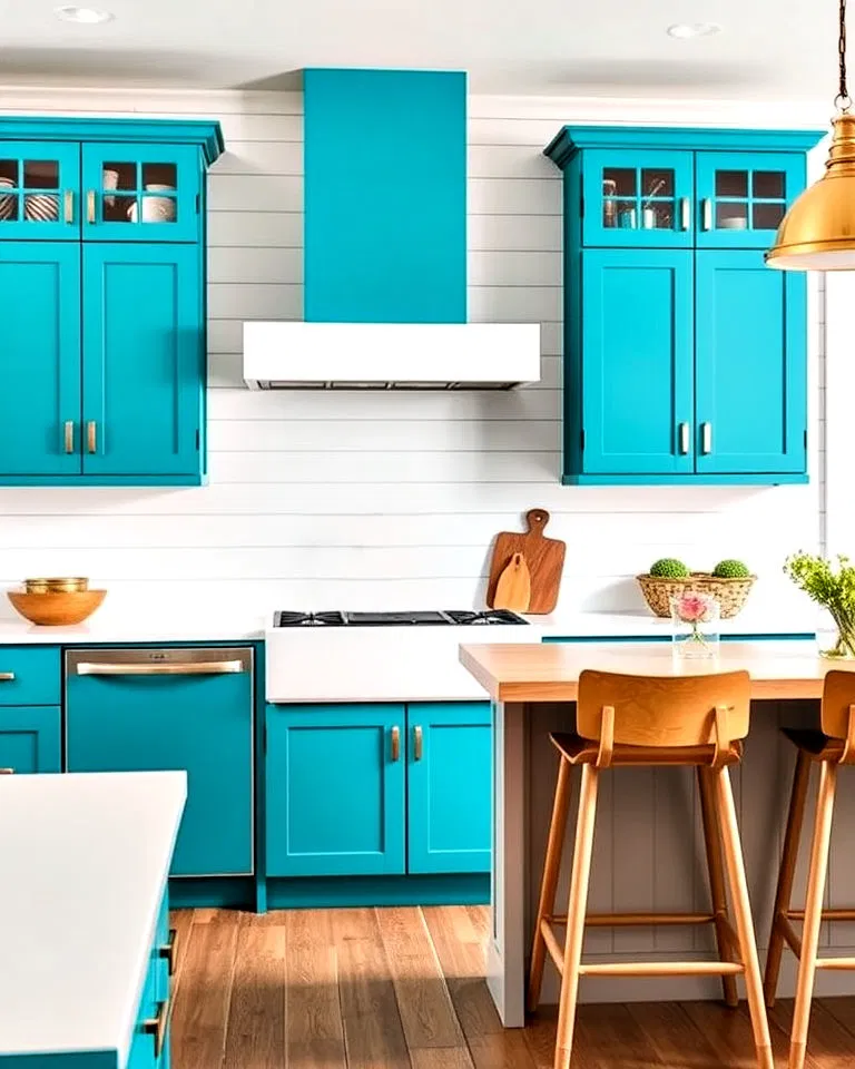 Vibrant teal cabinets with shiplap walls