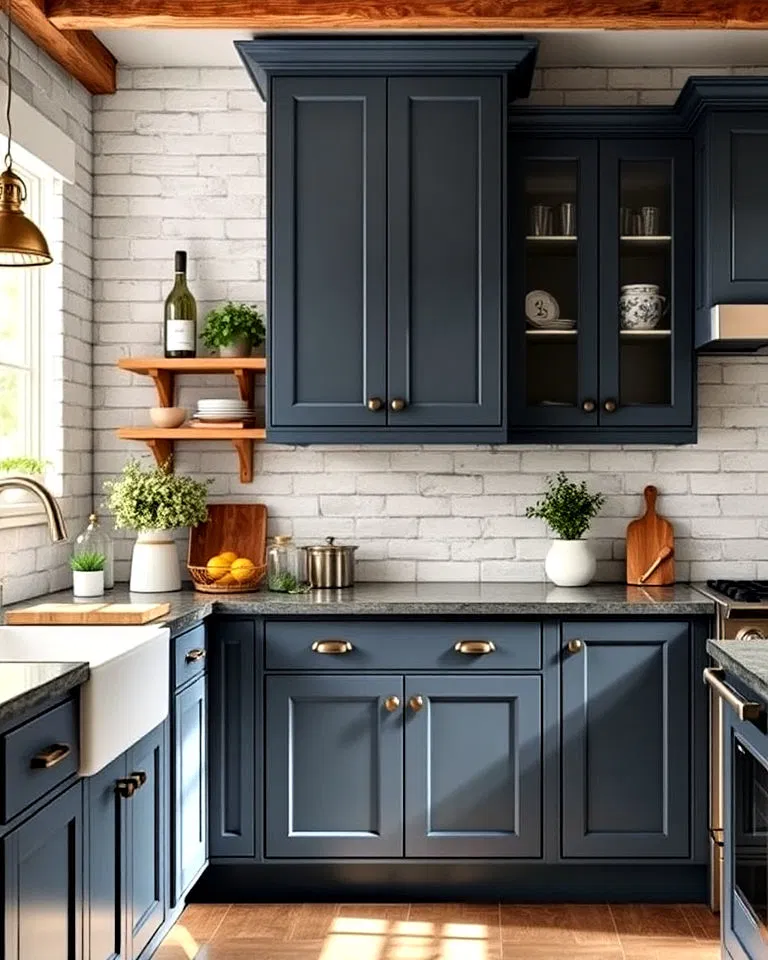 Slate blue cabinets with whitewashed brick backsplash