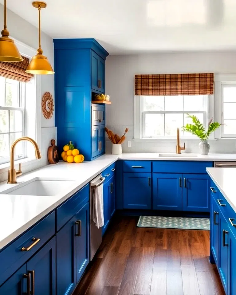 Caribbean blue cabinets with brass fixtures