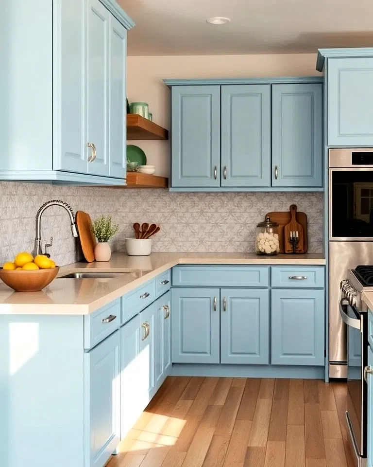 Coastal blue cabinets with patterned tile backsplash