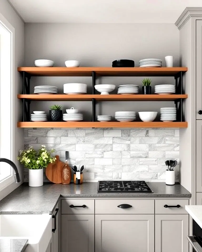 open shelving with black accents