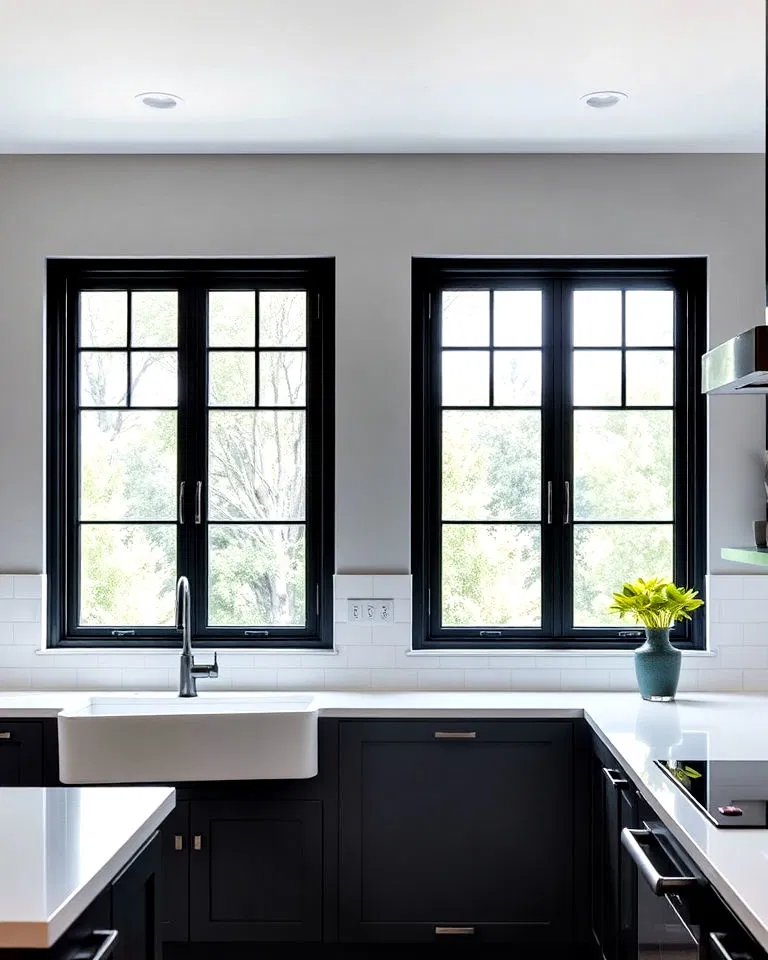 black window frames in kitchen