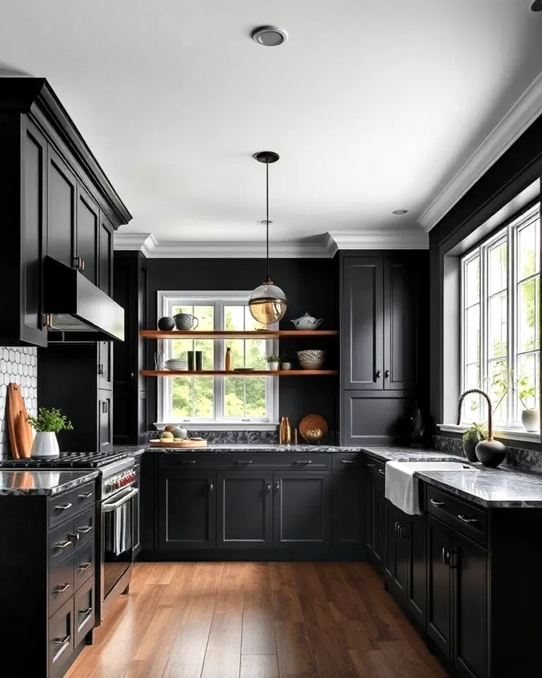 dark gray walls with black cabinets