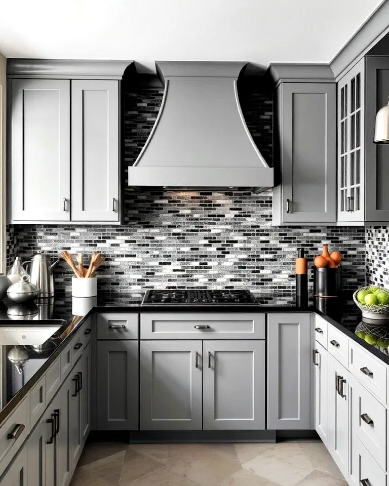 black and gray mosaic tile backsplash