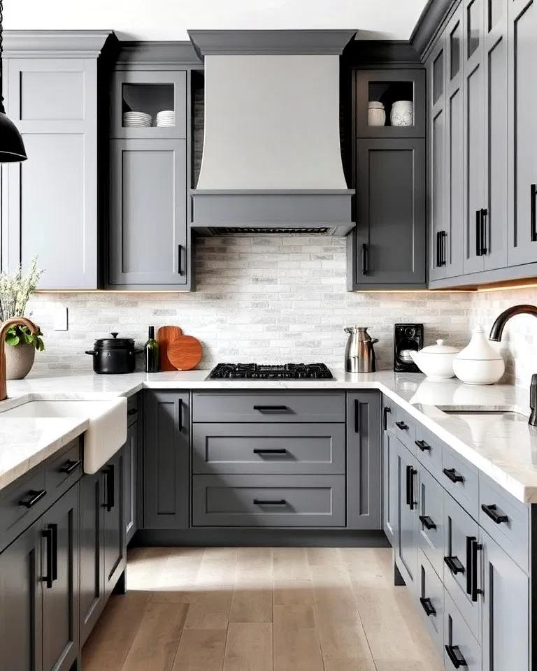 gray cabinets with black hardware