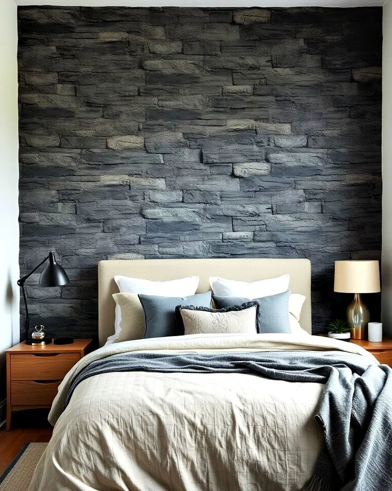 sleek contemporary stone accent wall in bedroom