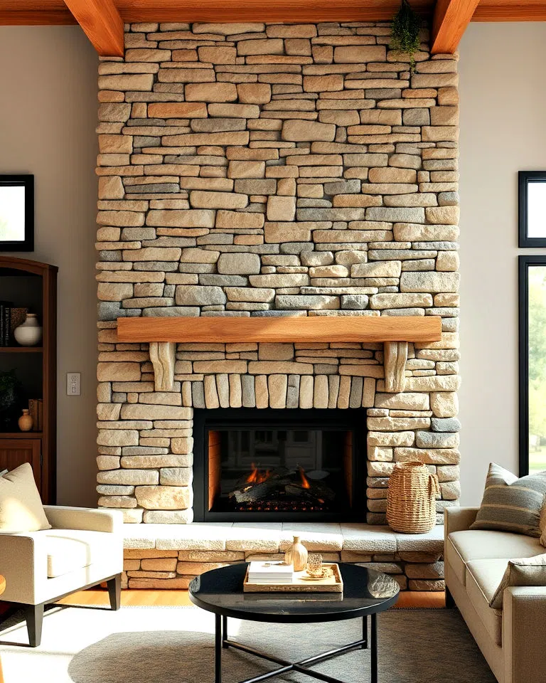 layered stone fireplace wall in living room