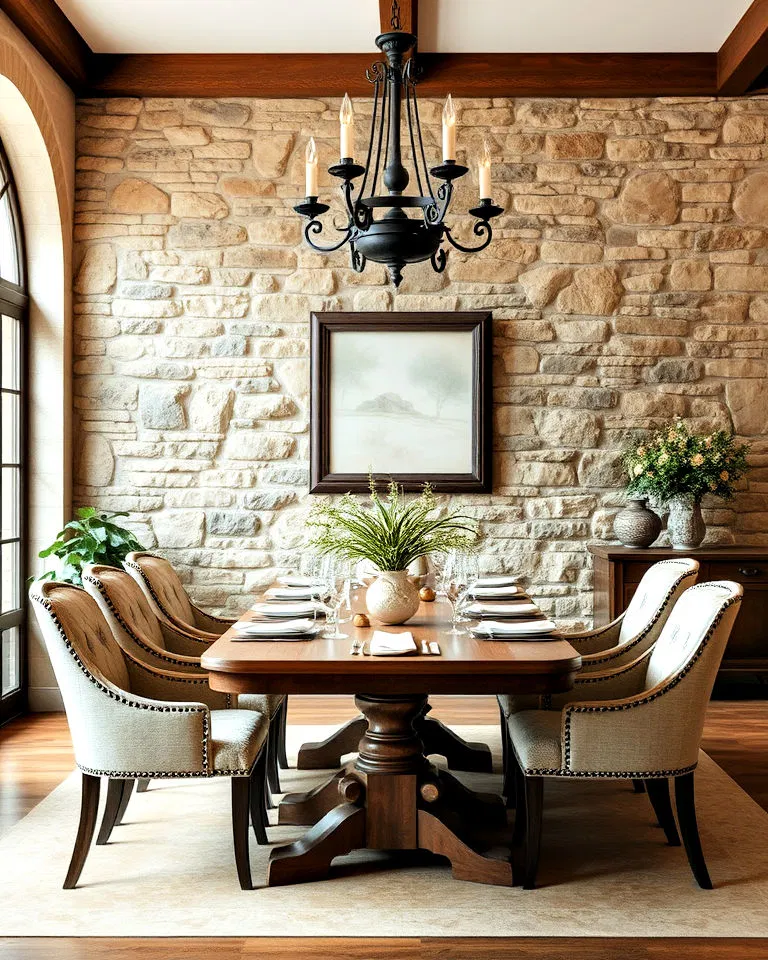 timeless stone wall in dining room