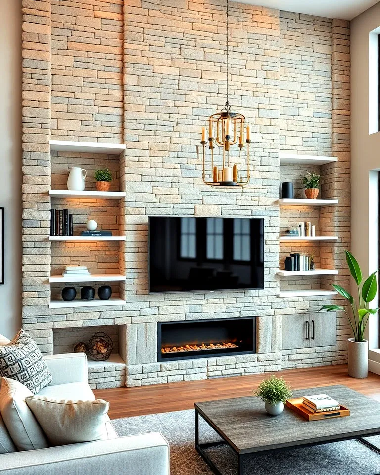 stone accent wall with built-in shelves
