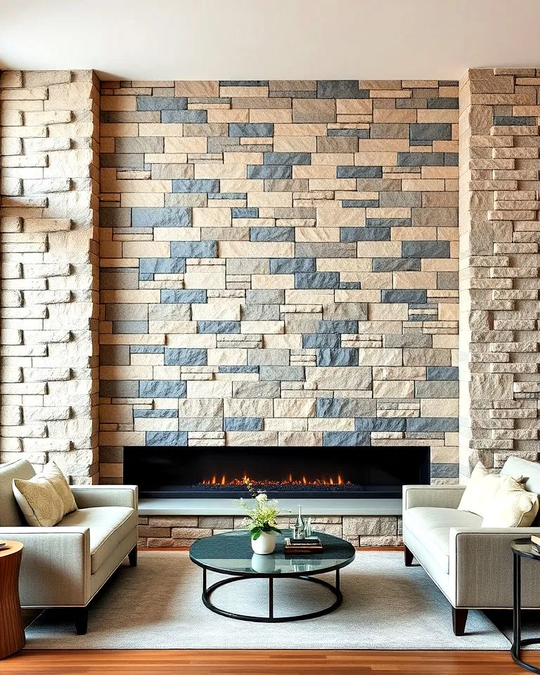two-tone stone wall in living room