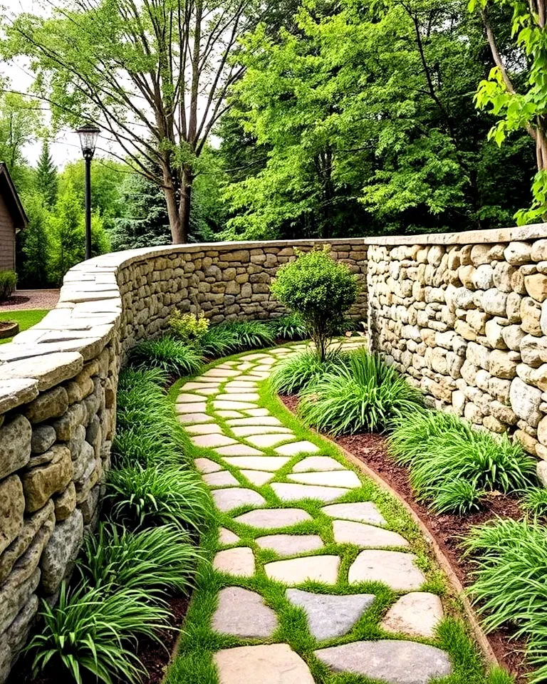 curved stone wall along garden path