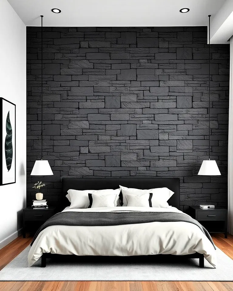 black monochrome stone wall in bedroom